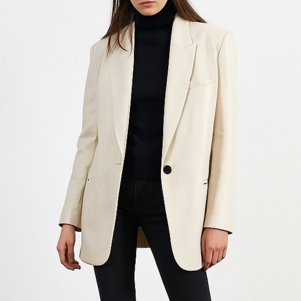 Love Token Nancy Boyfriend Faux Vegan Leather Blazer in Cream Pockets Size S